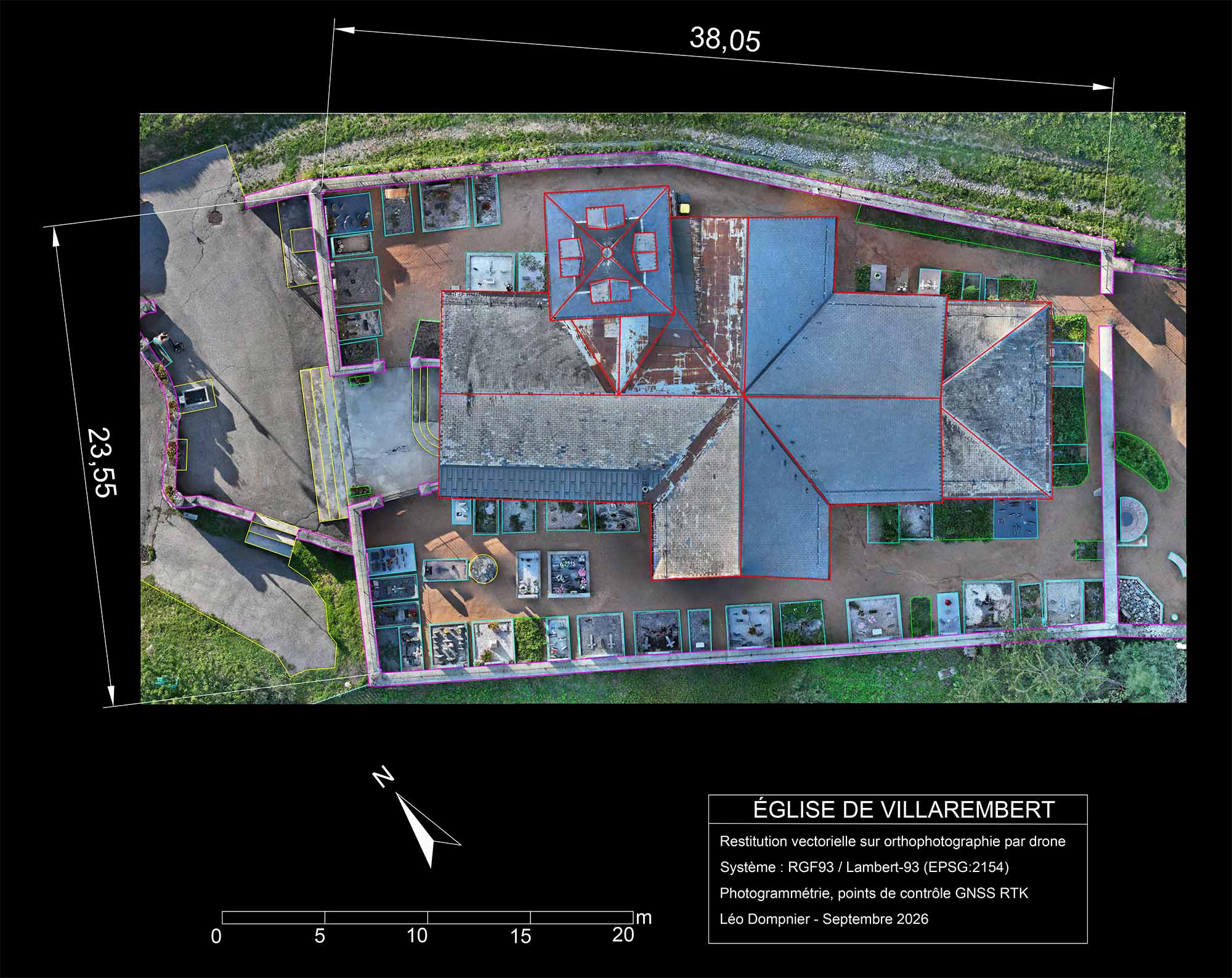 Plan CAO superposé à l'orthophotographie d'un cimetière et de son église, géoréférencé en Lambert-93